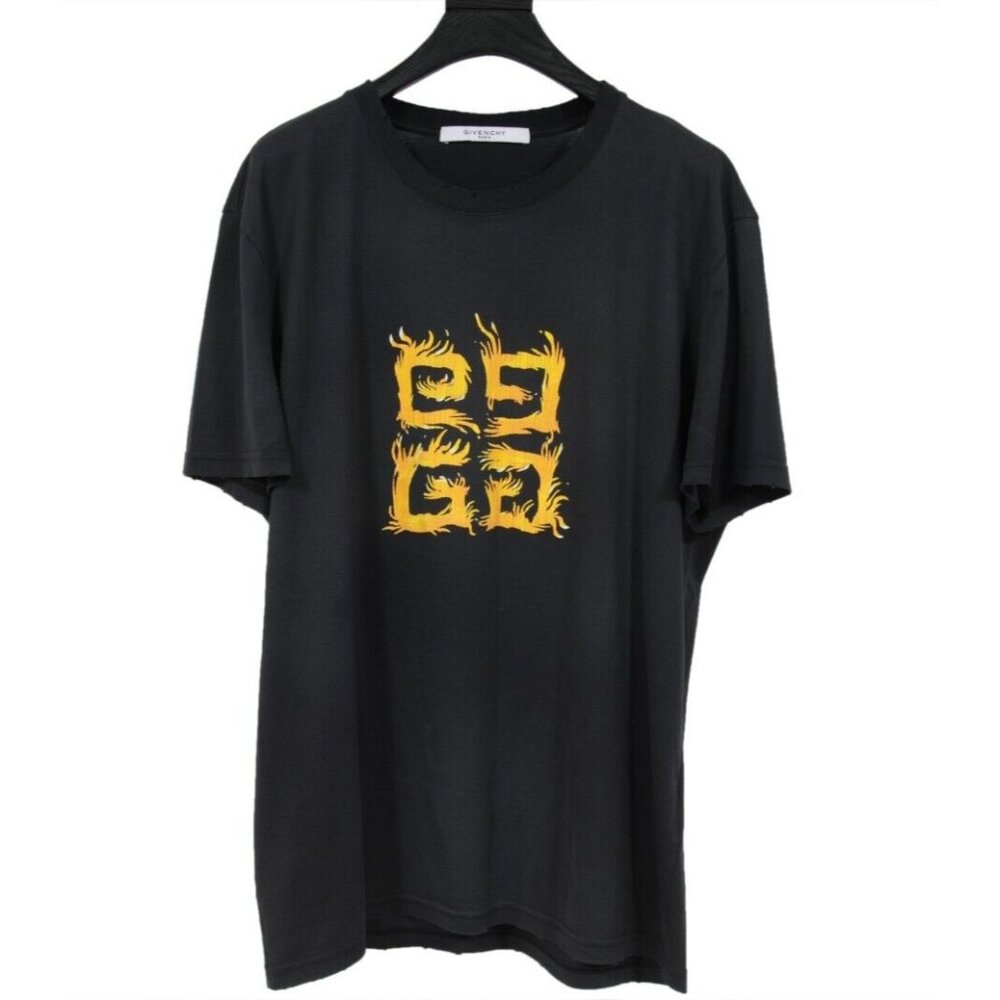 Givenchy Mens Four G Flame Logo Shirt Large Vintage Black Gold Cotton Slim Fit